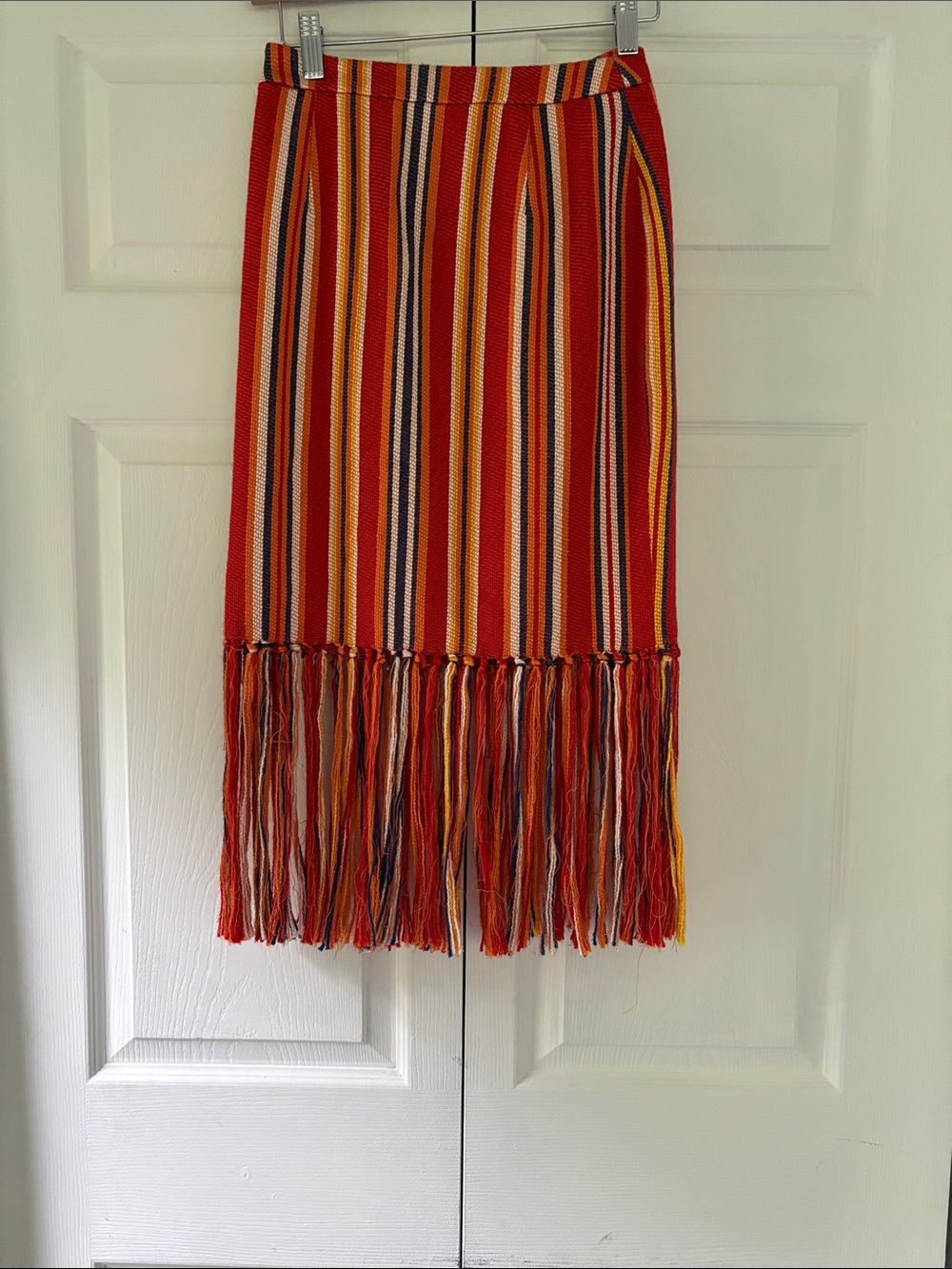 Fringe Hem Striped Midi Skirt in Red and Yellows size 0